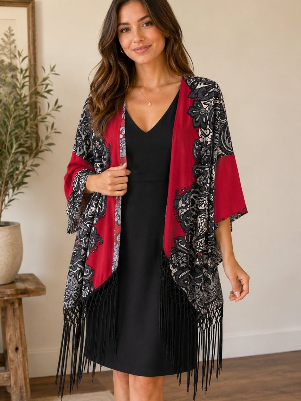 Joseph Ribkoff  red/black kimono, fringe, size 6 boho lightweight
